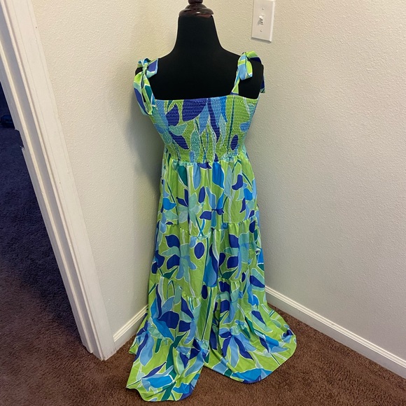 2 FOR $25Lime Green Printed Maxi Dress Smocked Flowy Sleeveless Tie Straps S M - Picture 5 of 7